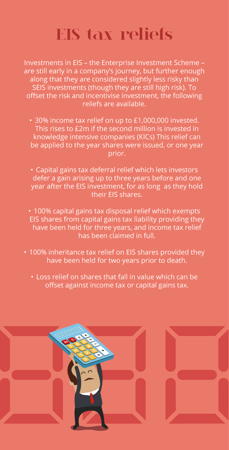 Red background and  text about EIS tax reliefs available