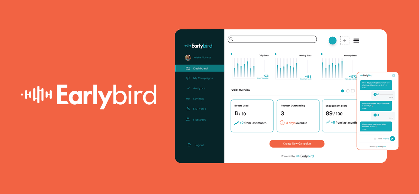 Orange background, the name Earlybird in white on the left, a screenshot of the Earlbird ui on the right