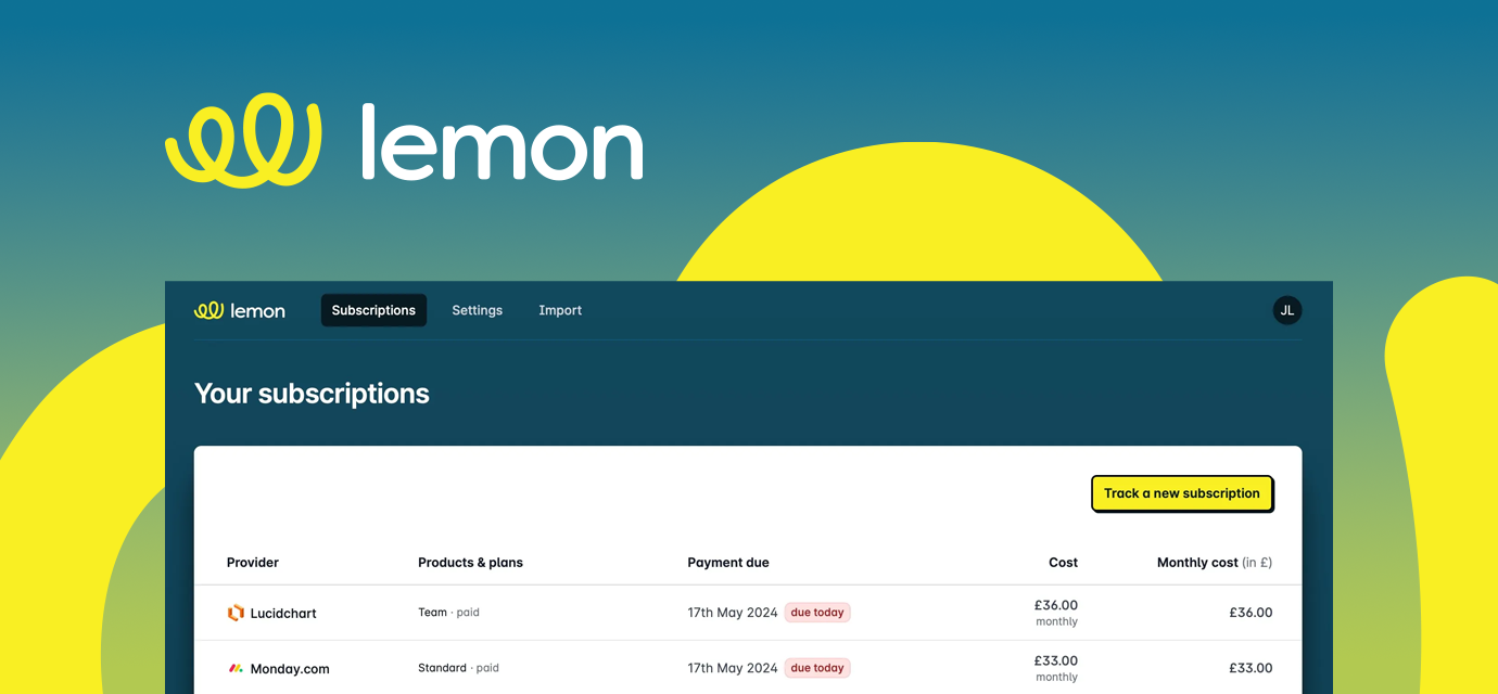 Blue background with yellow shapes, text saying lemon in top left, a screenshot of lemon's UI in the foreground