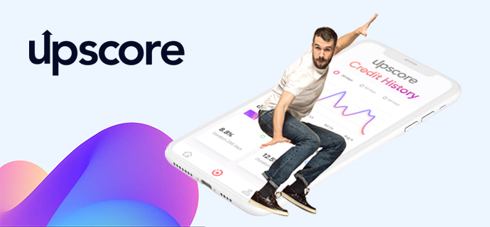 Upscore logo in top left, man surfing a smartphone with upscore ui on right